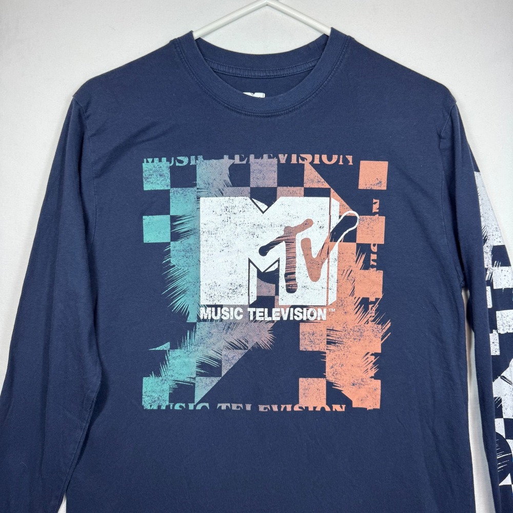 MTV Graphic Tee Long Sleeve Checkered Accents Music Television Sz Small